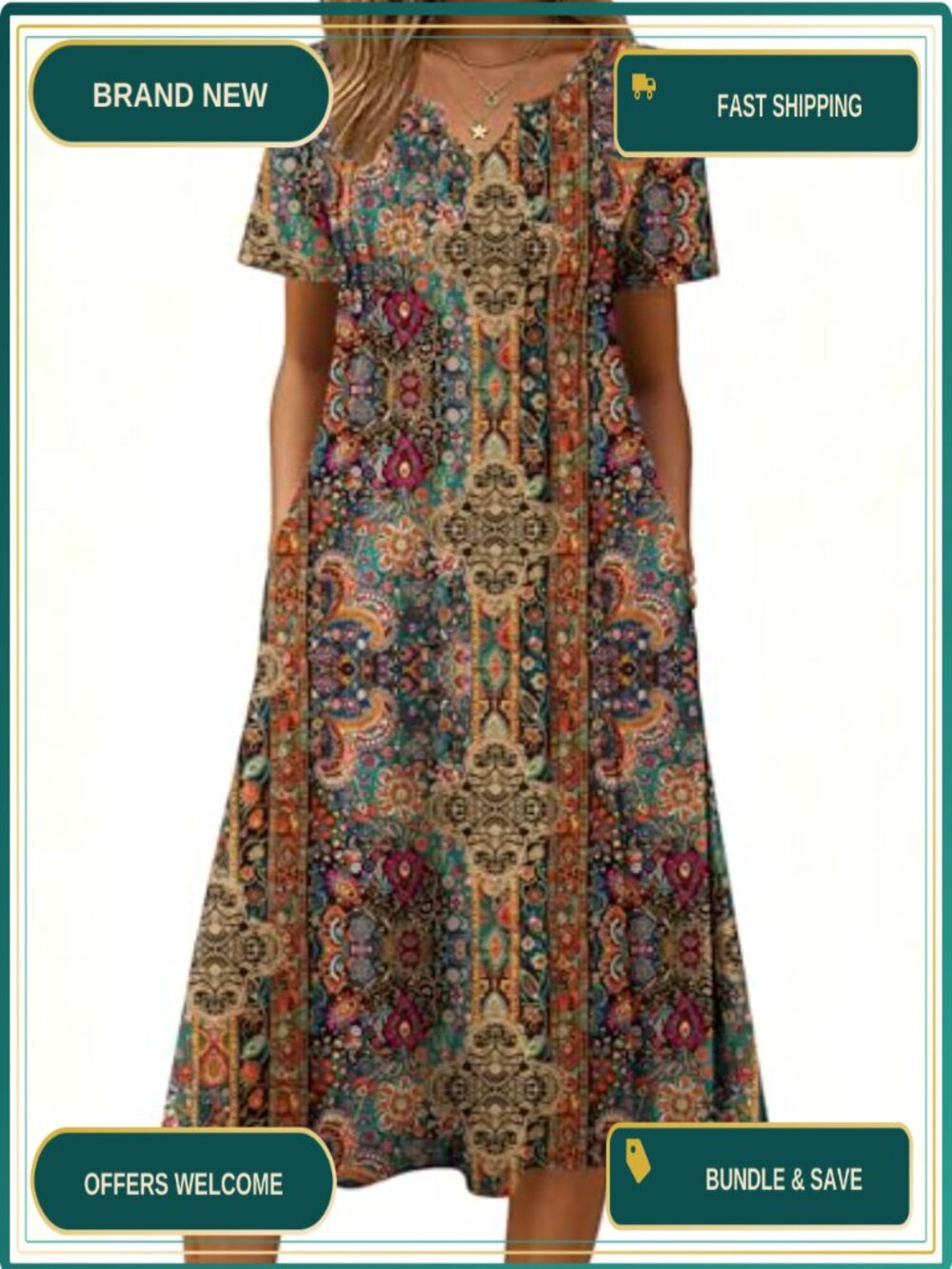 Casual Short Sleeve Aline Midi Dress with Pockets Flowy Pleated Beach Sundress